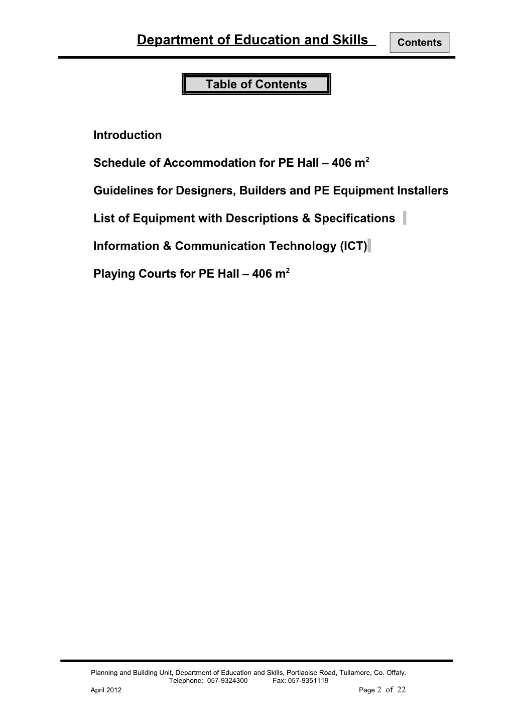 Room: PE Hall - Pe406m2 & Ancillary - PE Equipment - PE406 - Equipment List & Specification