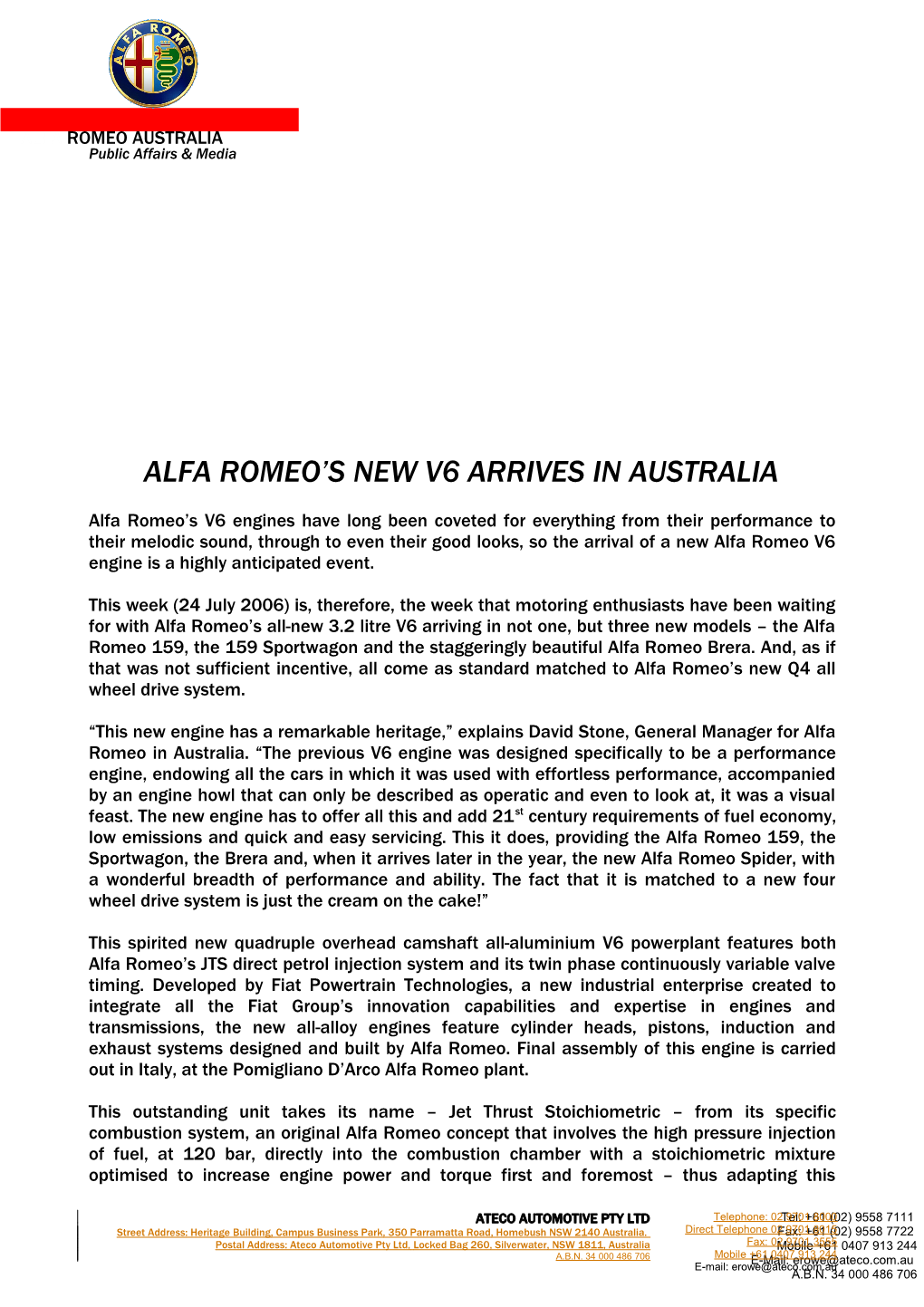 Alfa Romeo S New V6 Arrives in Australia