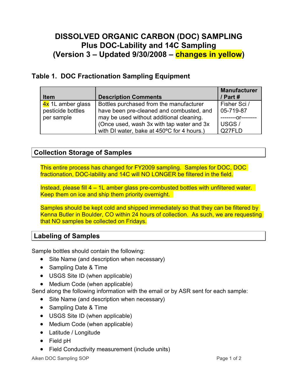 Dissolved Organic Carbon (Doc) Sampling Sop