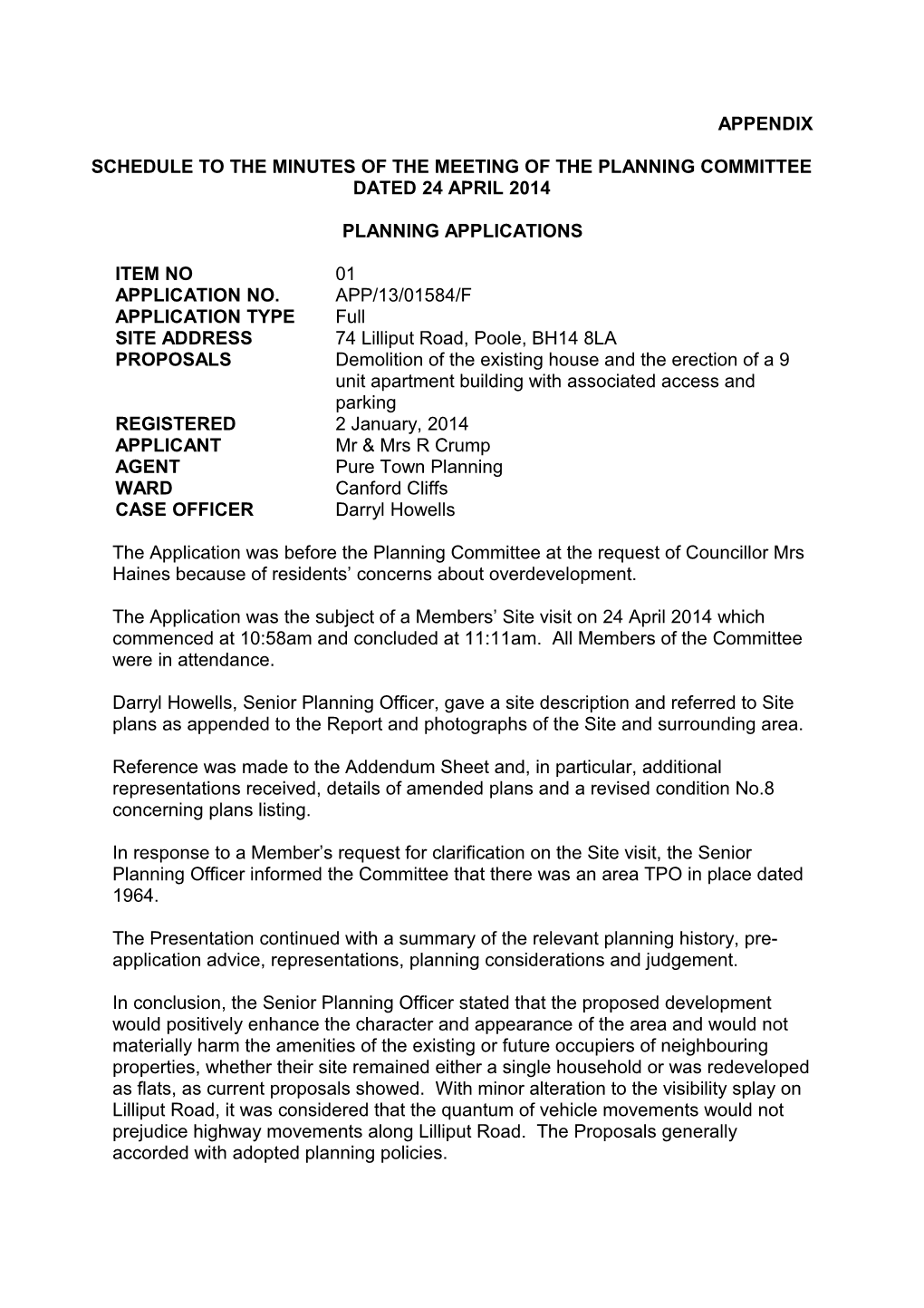 Schedule to the Minutes of the Meeting of the Planning Committee Dated 24 April 2014