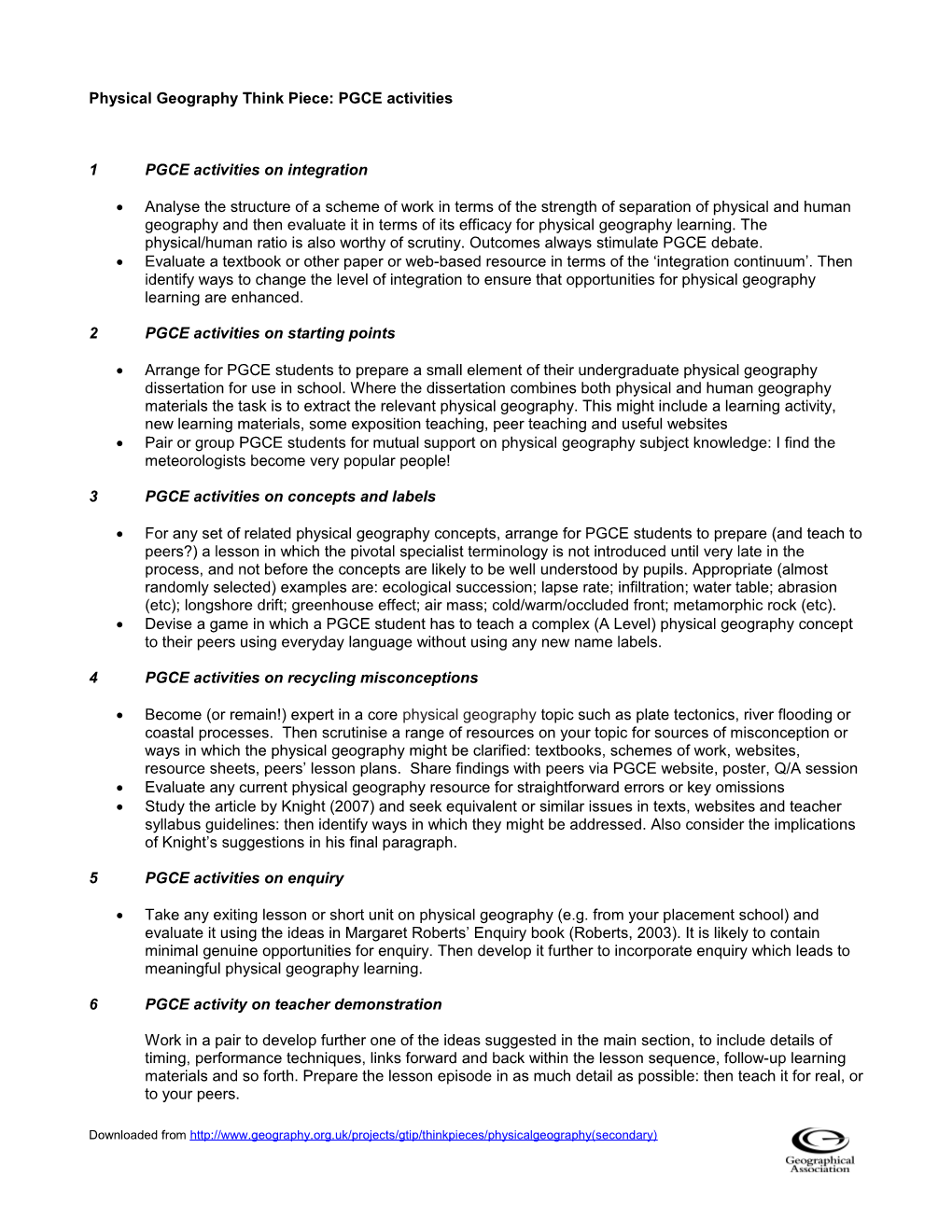 Physical Geography Think Piece: PGCE Activities