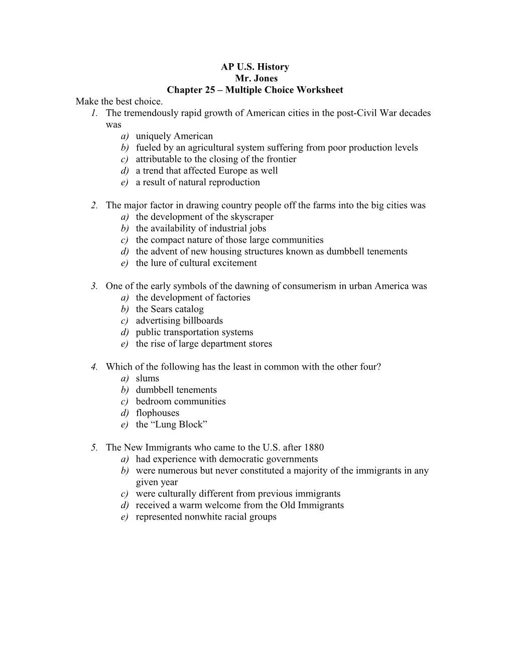 Chapter 25 Multiple Choice Worksheet
