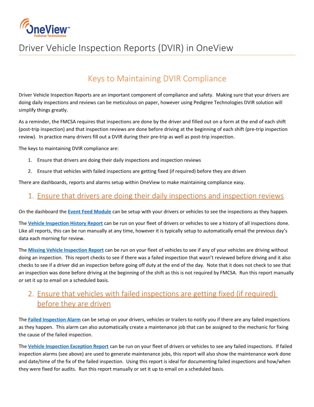 Driver Vehicle Inspection Reports (DVIR) in Oneview