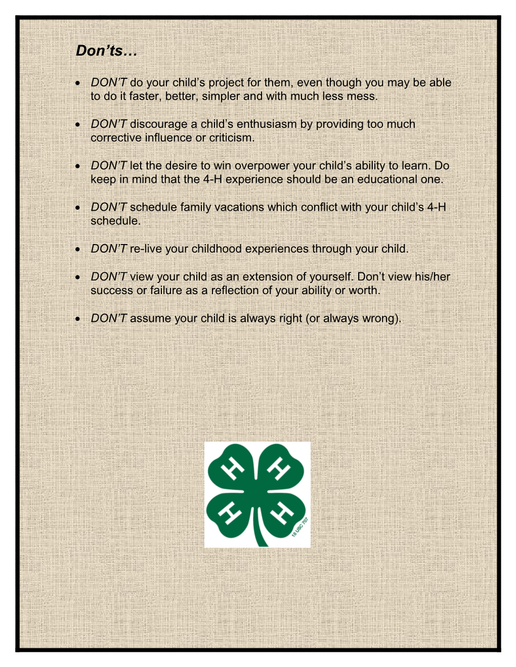 Do S and Don Ts of Being a 4-H Parent