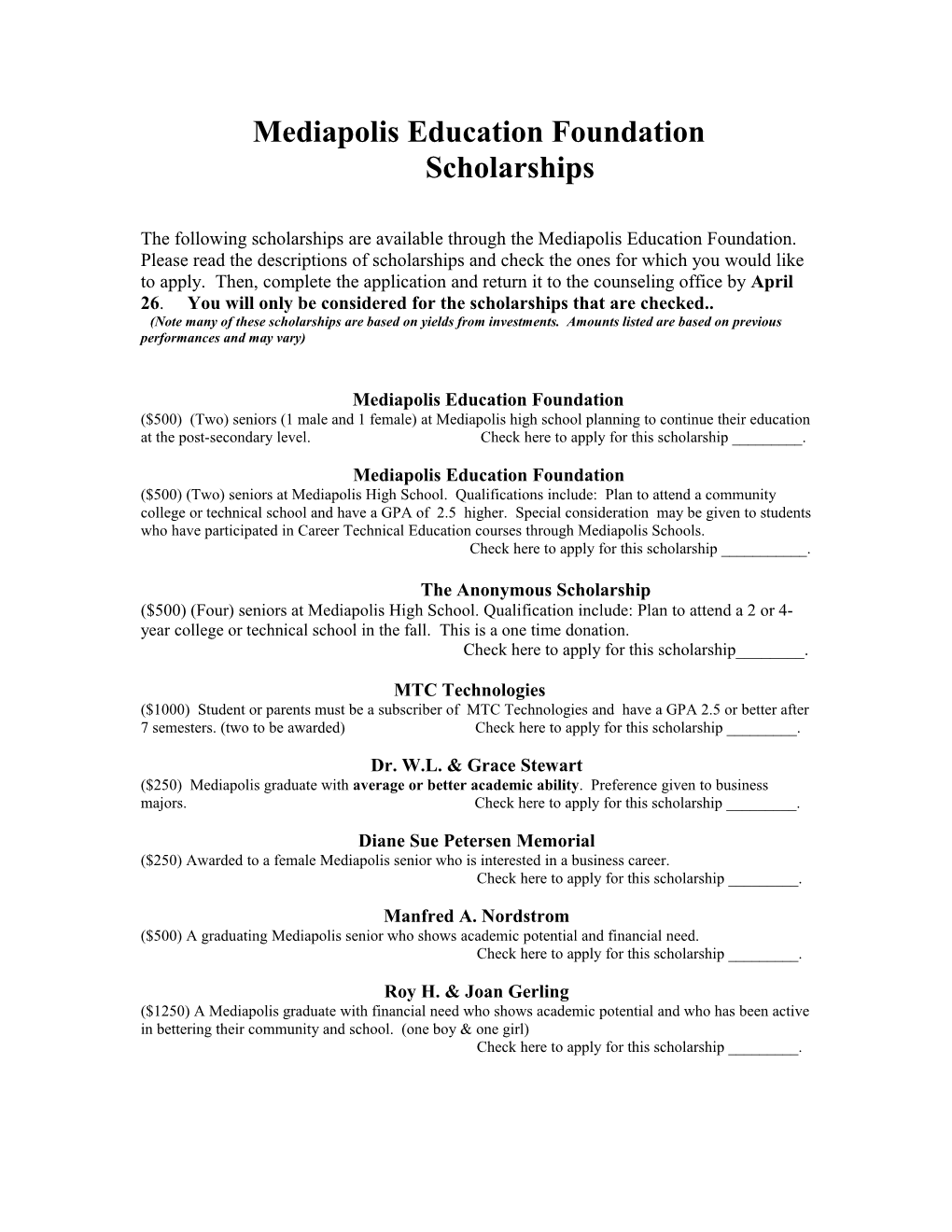 Mediapolis Education Foundation Scholarships