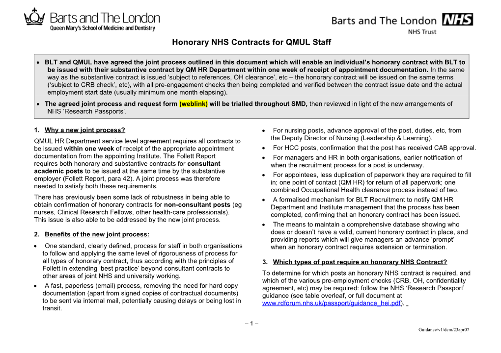 Honorary NHS Contracts for QMUL Staff