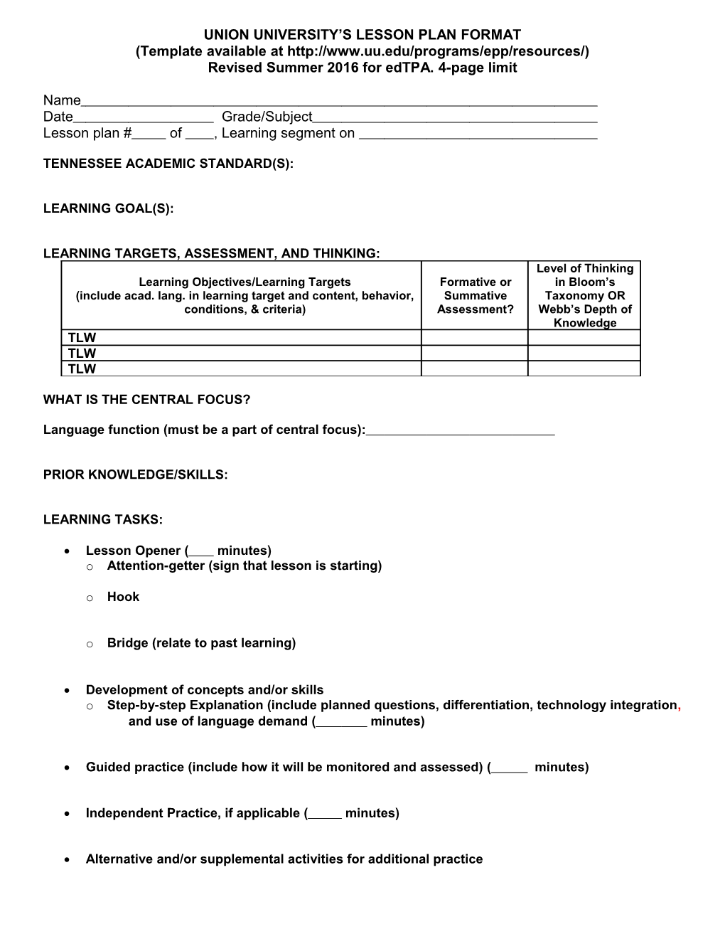 Union University S Lesson Plan Format