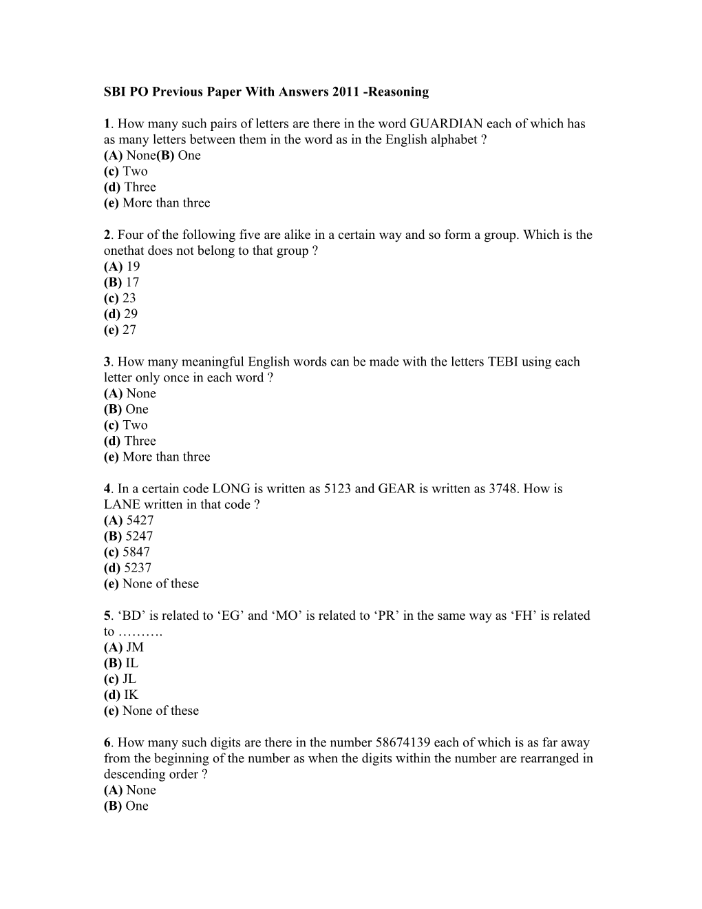 SBI PO Previous Paper with Answers 2011 -Reasoning