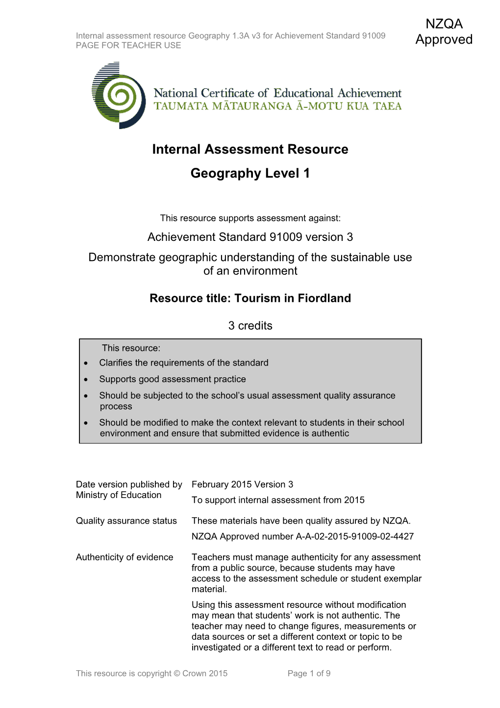 Level 1 Geography Internal Assessment Resource