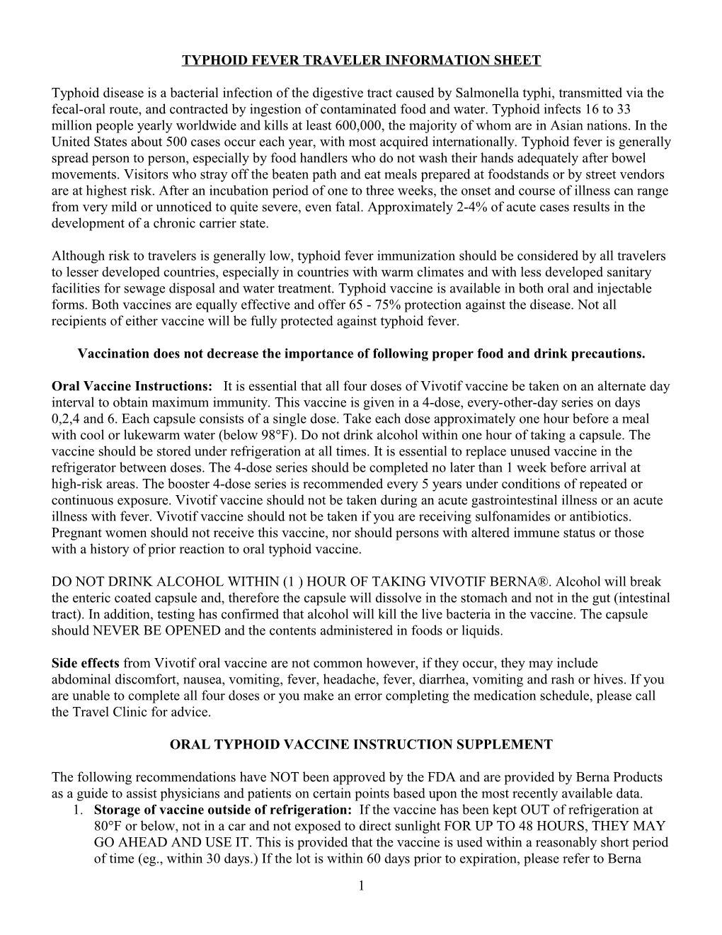 Typhoid Fever Traveler Information Sheet