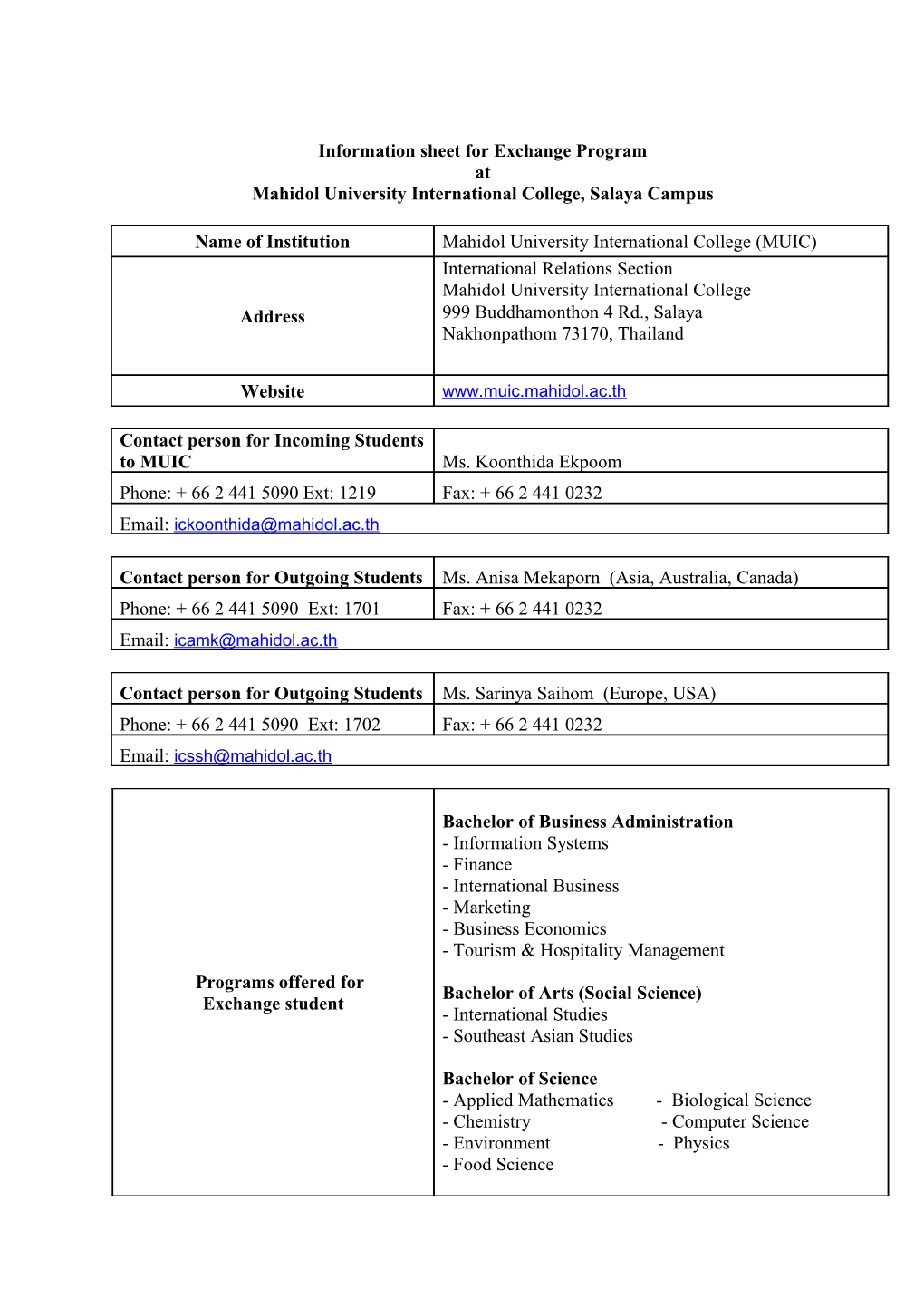 Information Sheet for Exchange Program