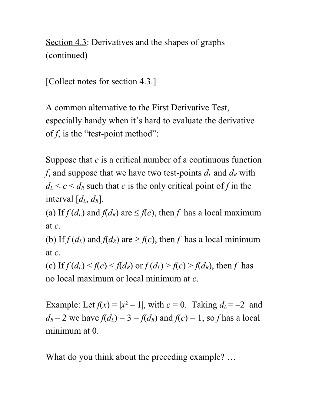 Section 4.3: Derivatives and the Shapes of Graphs (Continued)