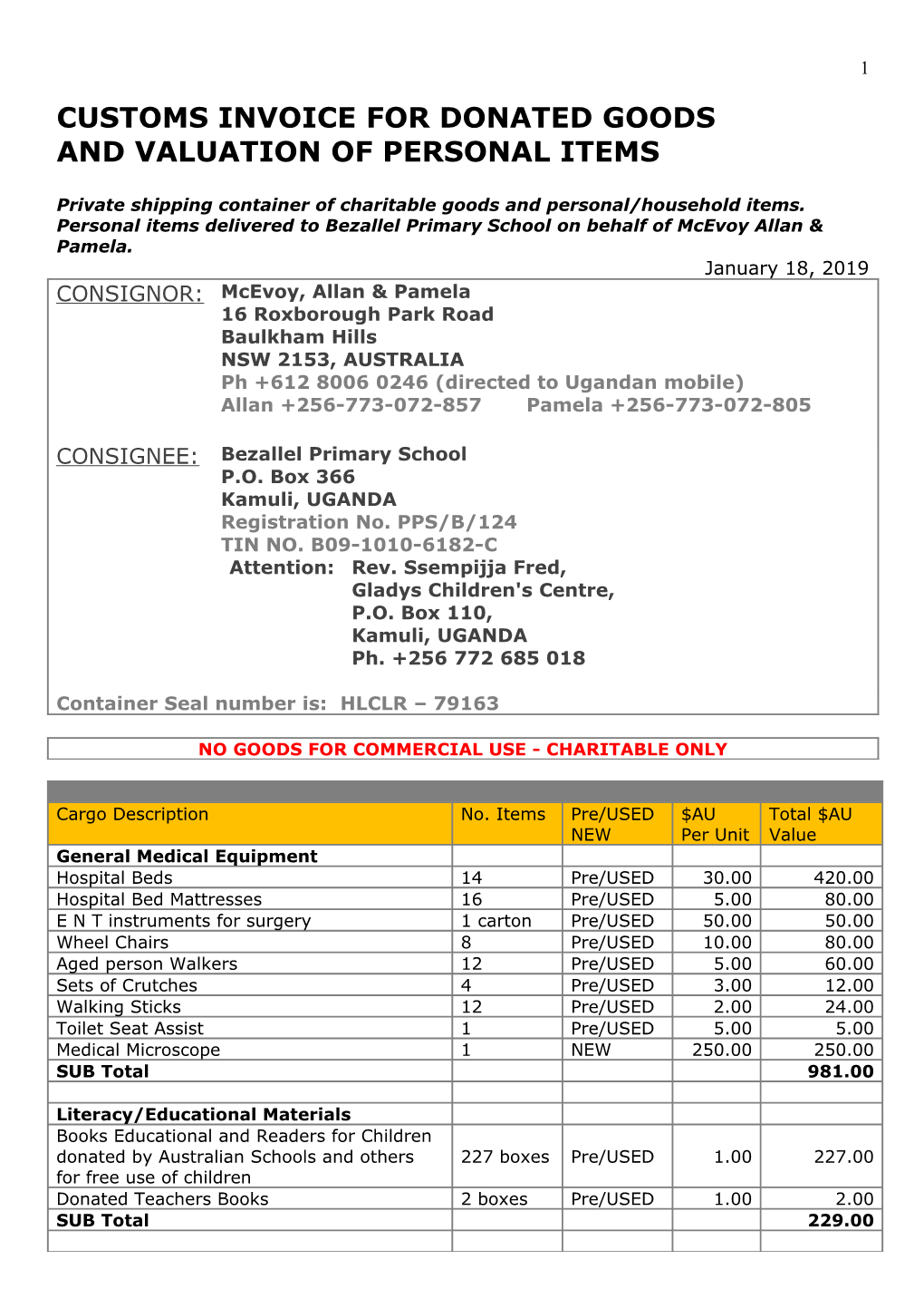 Customs Invoice for Donated Goods