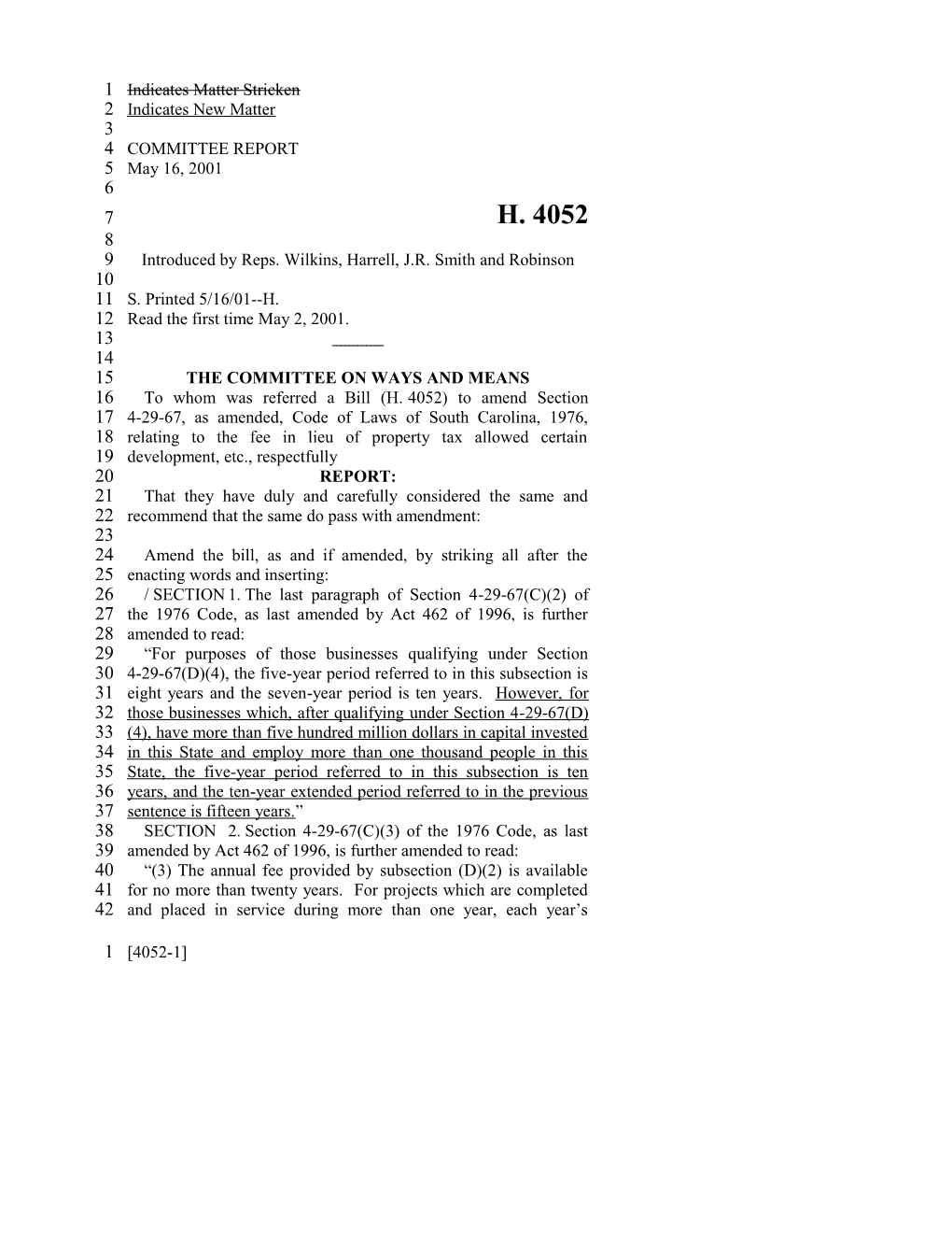 2001-2002 Bill 4052: Fee in Lieu of County Property Taxes, Industrial Development Projects