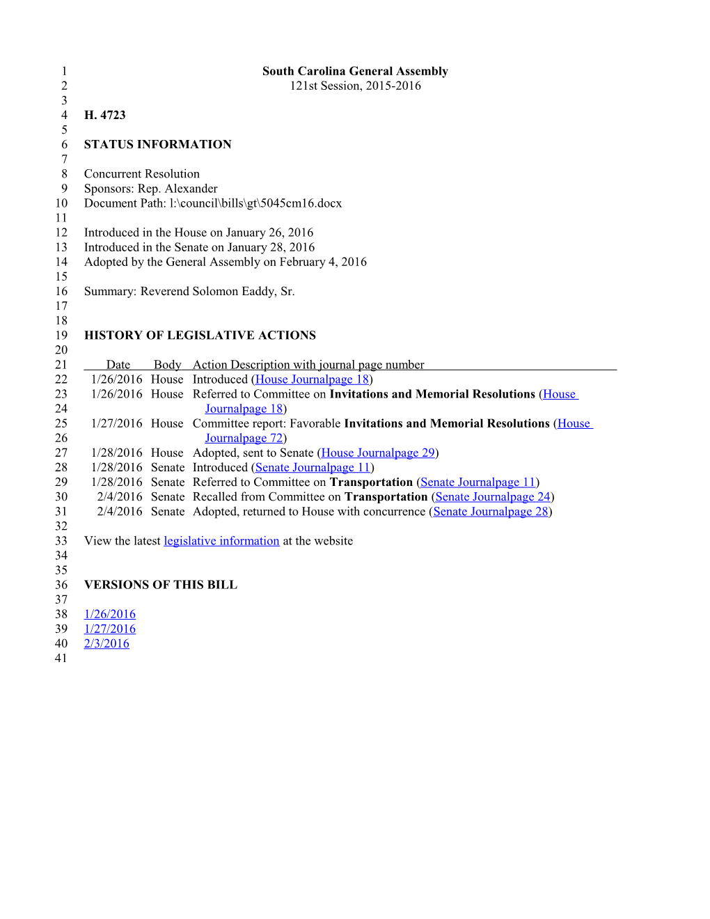 2015-2016 Bill 4723: Reverend Solomon Eaddy, Sr. - South Carolina Legislature Online