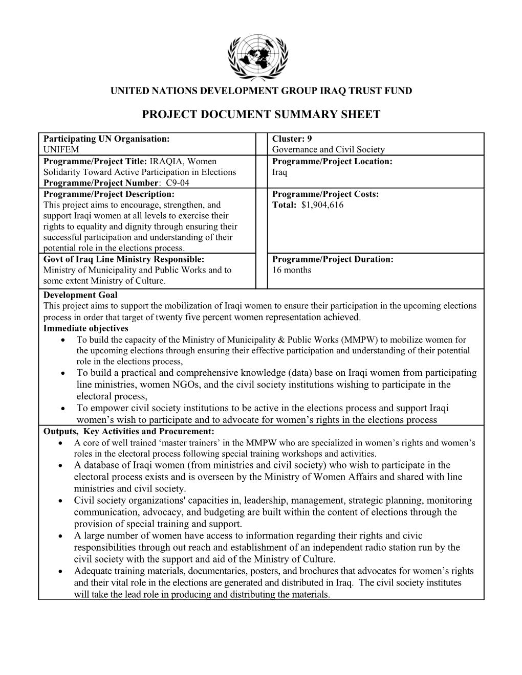 UNDG Iraq Trust Fund Programme/Project Proposal Format and Guidelines