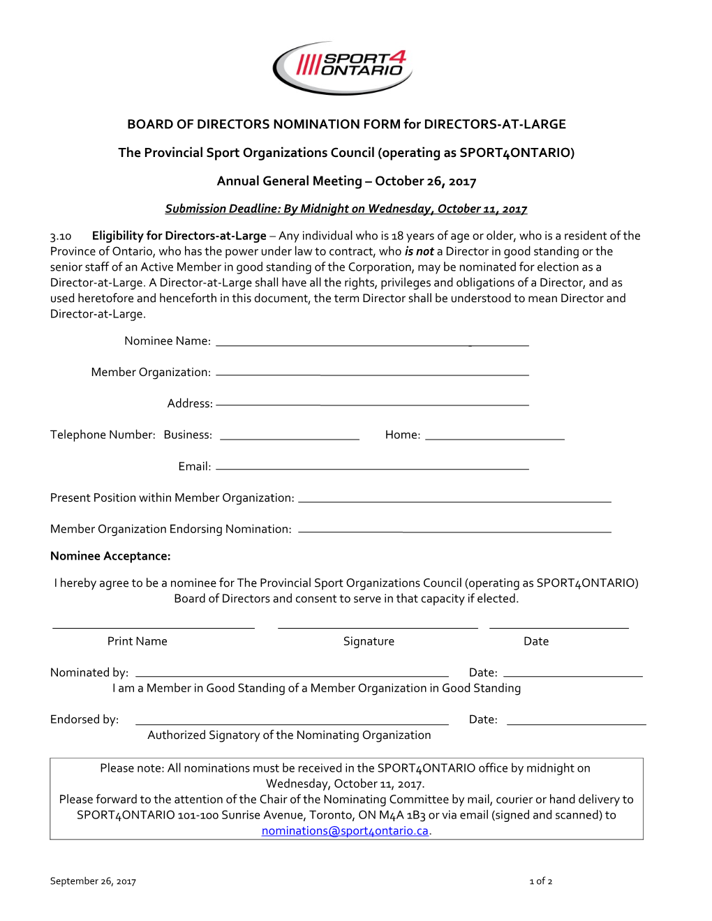 BOARD of DIRECTORS NOMINATION FORM for DIRECTORS-AT-LARGE