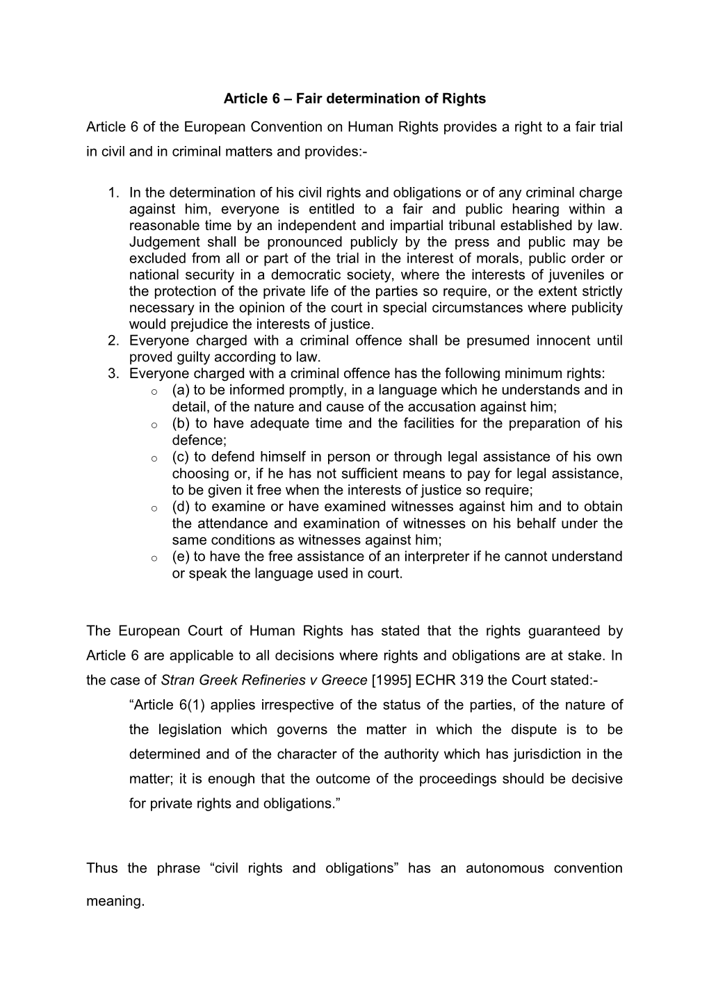 Article 6 Fair Determination of Rights