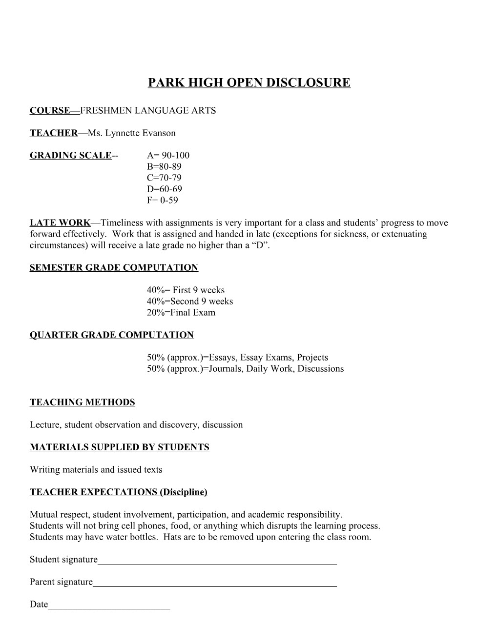 Park High Open Disclosure