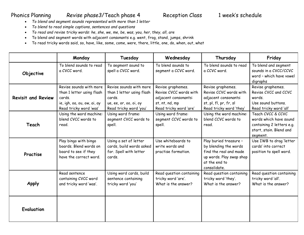 Phonics Planning Revise Phase3/Teach Phase 4Reception Class1 Week S Schedule