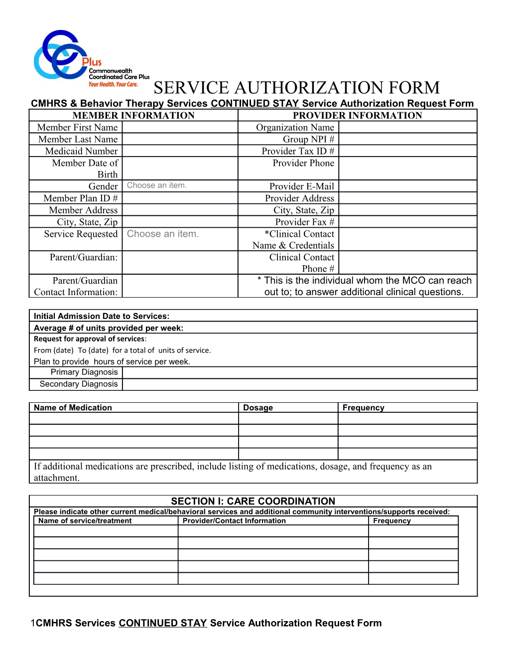 CMHRS & Behavior Therapy Services CONTINUED STAY Service Authorization Request Form