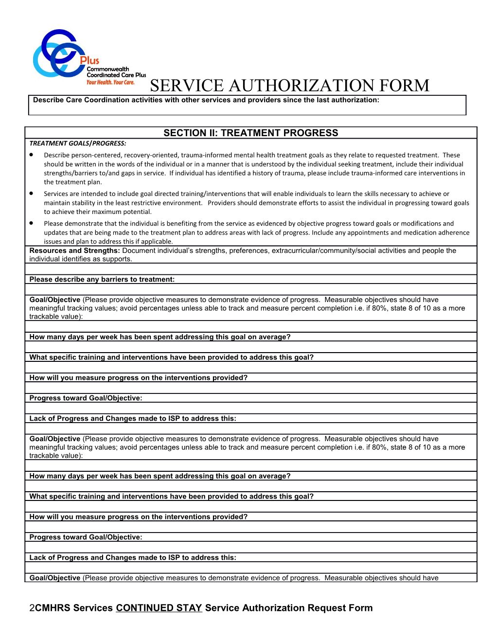 CMHRS & Behavior Therapy Services CONTINUED STAY Service Authorization Request Form