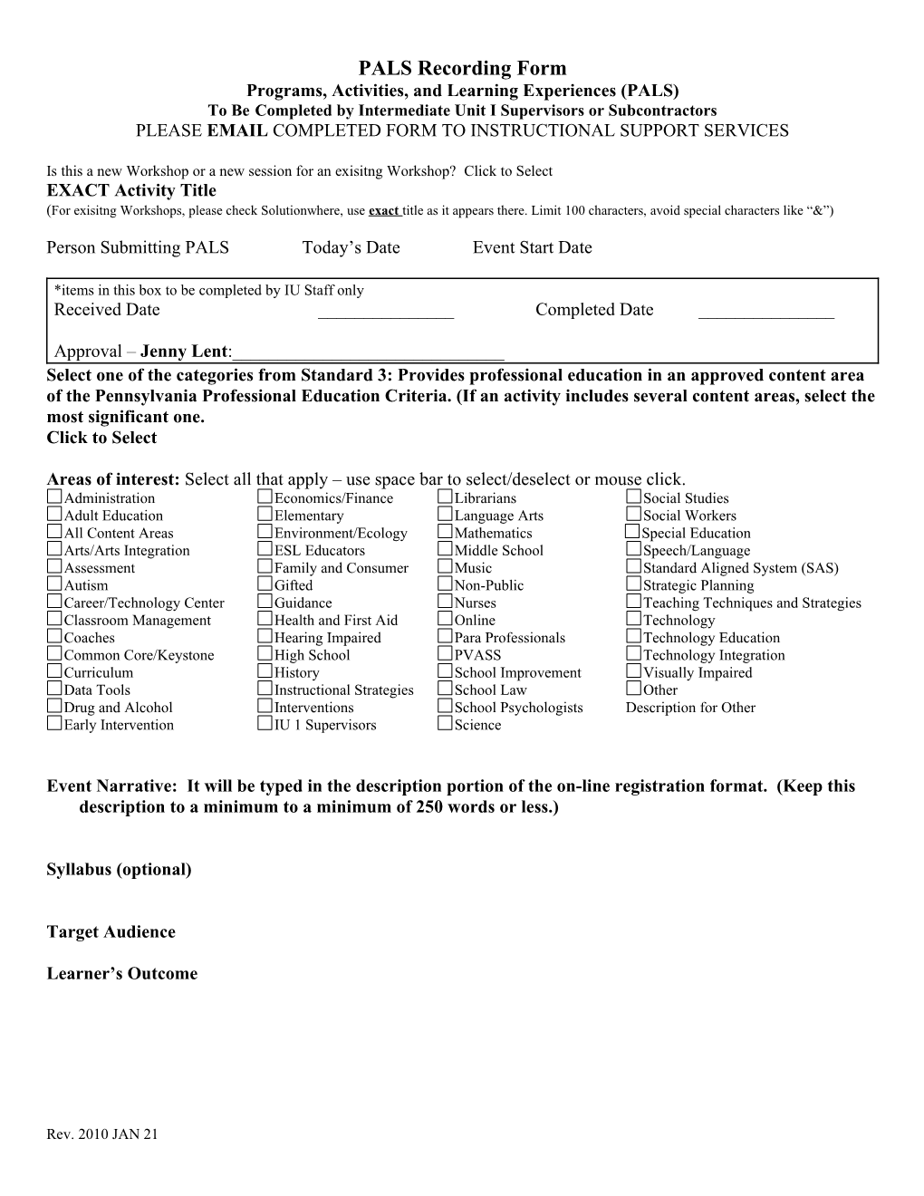 Programs, Activities, and Learning Experiences (PALS) Recording Form