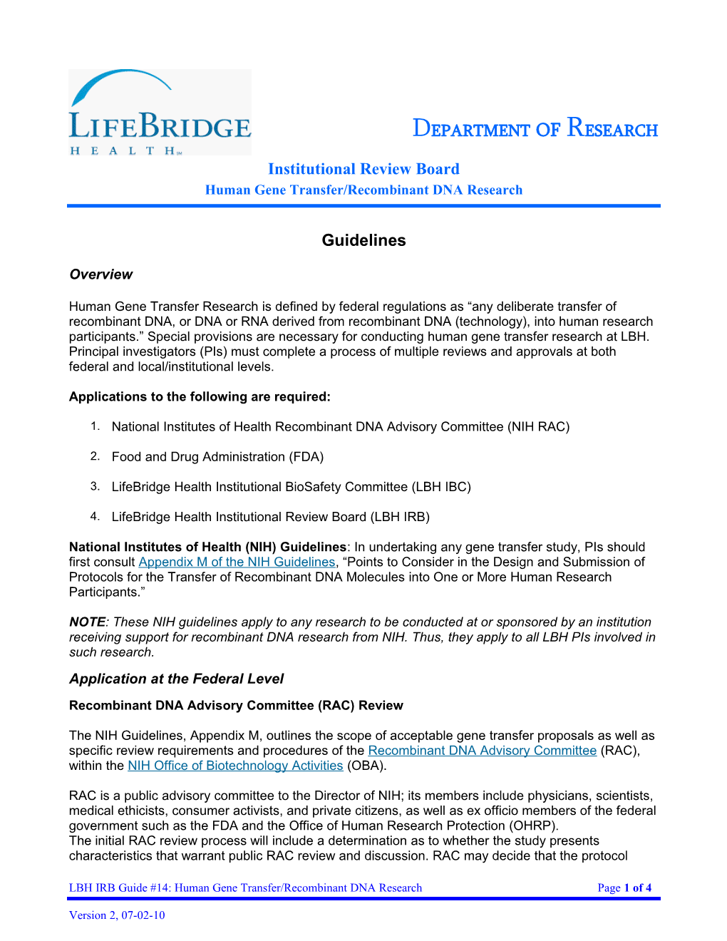 LBH IRB Guide #14: Human Gene Transfer/Recombinant DNA Research Page 1 of 4