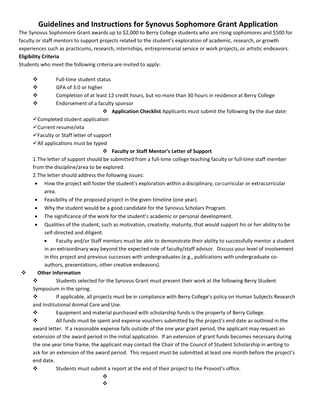 Guidelines and Instructions for Synovus Sophomore Grant Application