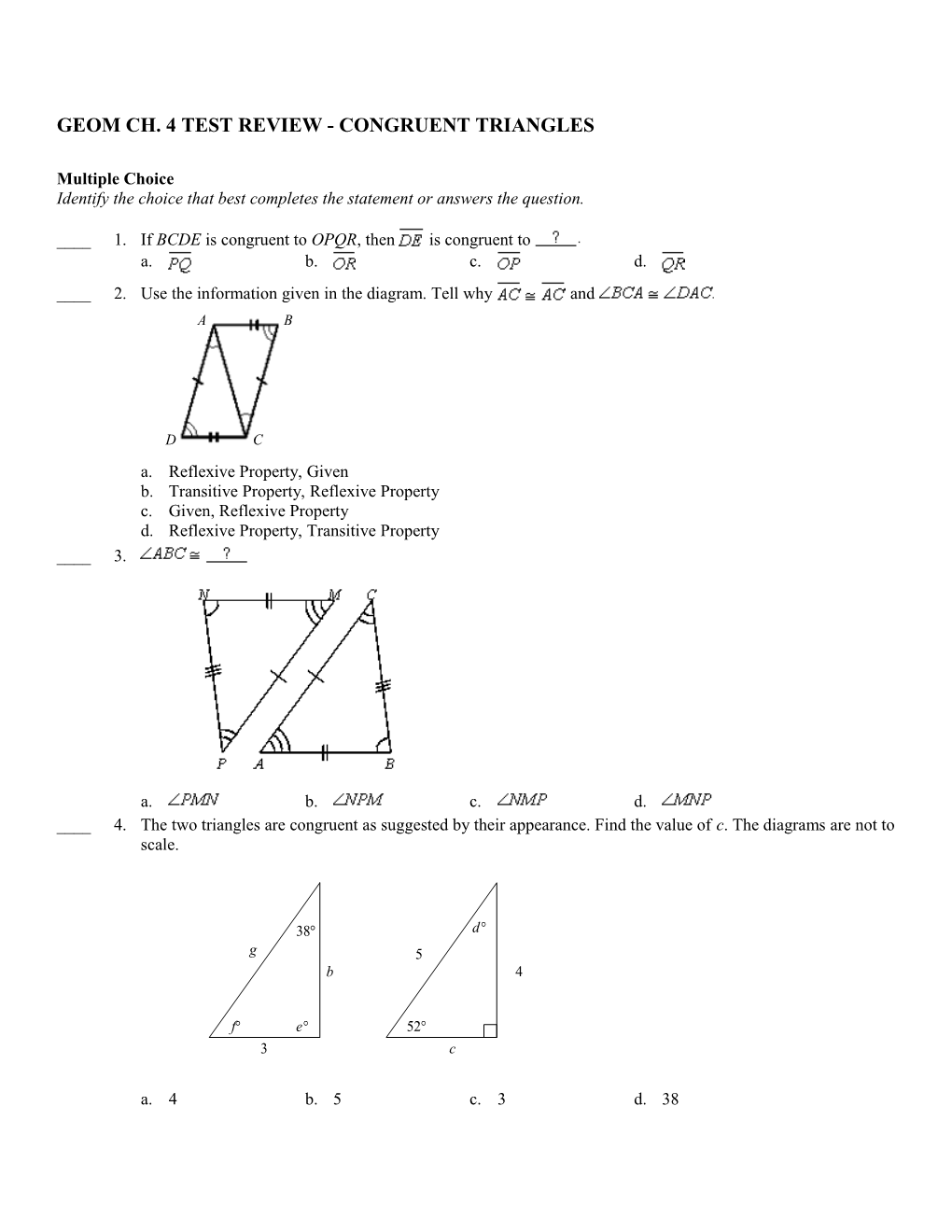 Geom Ch. 4 Test Review - Congruent Triangles