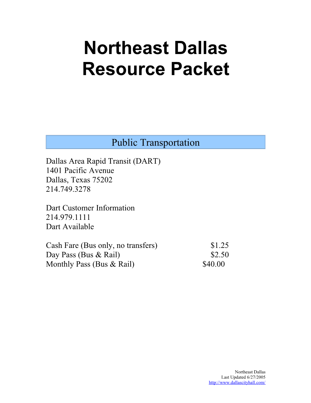 Northeast Dallas Resource Packet