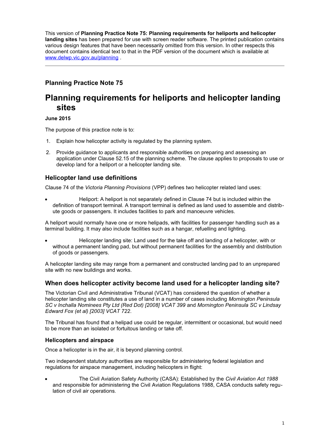 Planning Practice Note 75: Planning Requirements for Heliports and Helicopter Landing Sites