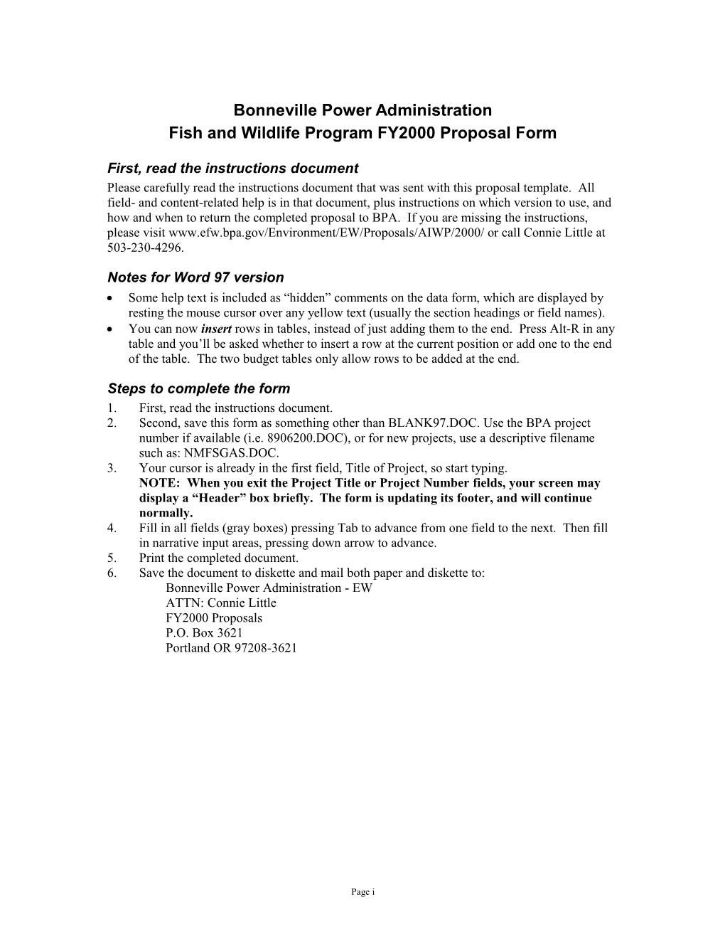 Bonneville F&W Program Proposal - Word 97