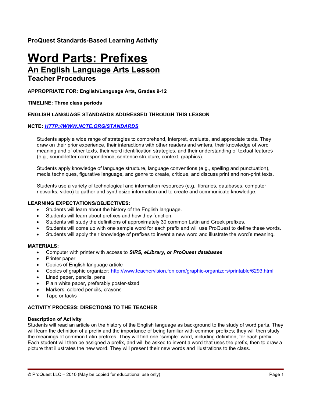 Lesson Plan: Language Arts 9-12 Prefixes