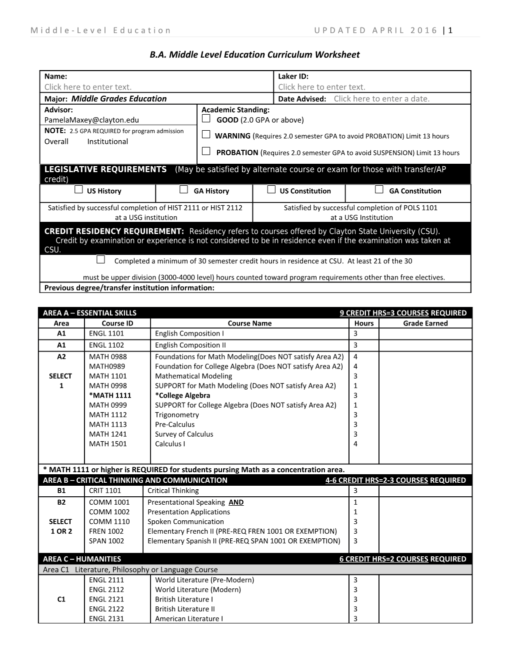 B.A. Middle Level Education Curriculum Worksheet