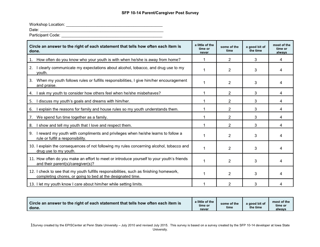 SFP 10-14 Parent/Caregiver Post Survey