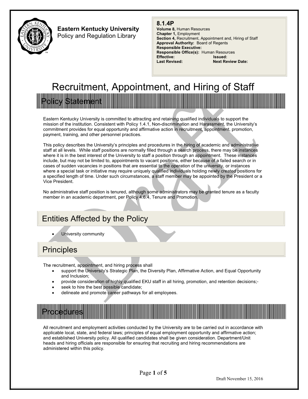 Section 4, Recruitment, Appointment, and Hiring of Staff