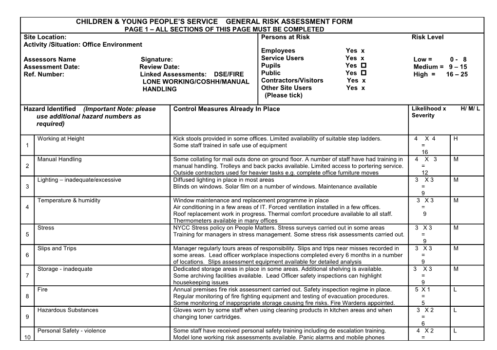 Workplace Risk Assessment Form