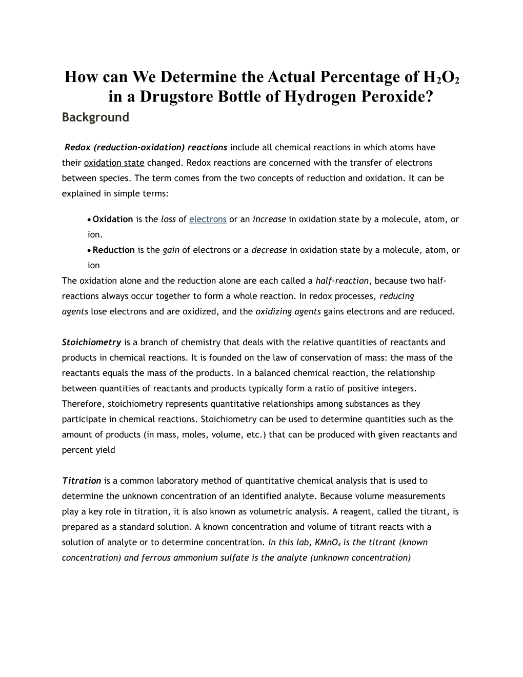 How Can We Determine the Actual Percentage of H2O2 in a Drugstore Bottle of Hydrogen Peroxide?