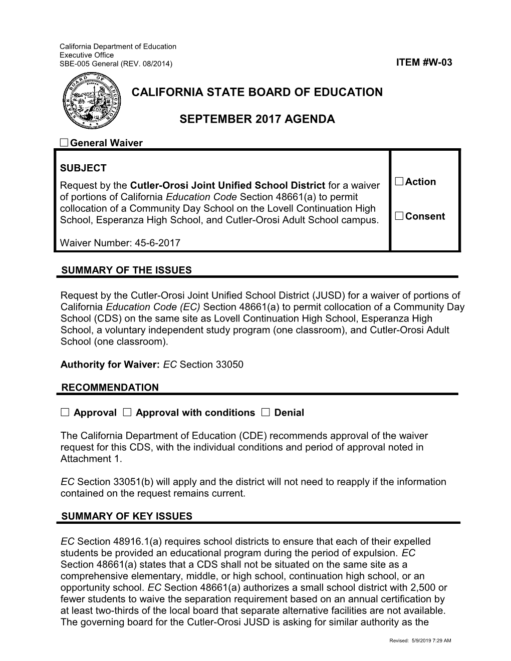 September 2017 Waiver Item W-03 - Meeting Agendas (CA State Board of Education)