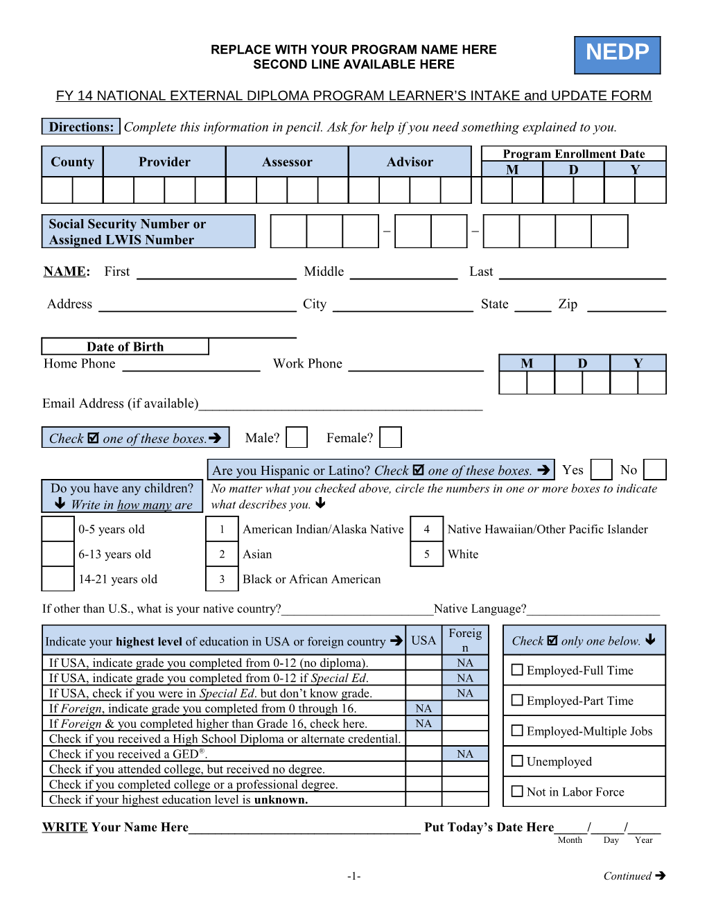 NEDP Intake & Update Model Form NEDP