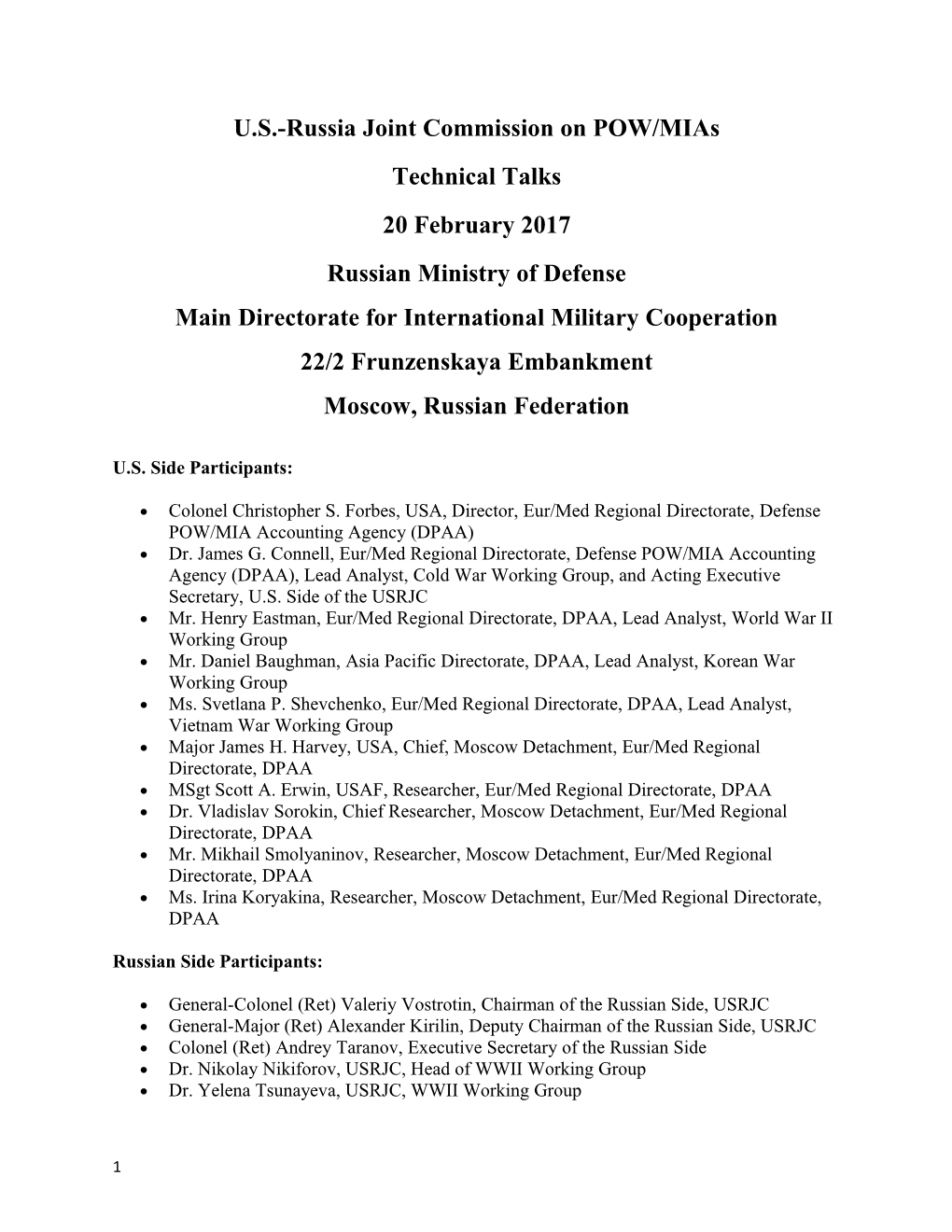 U.S.-Russia Joint Commission on POW/Mias