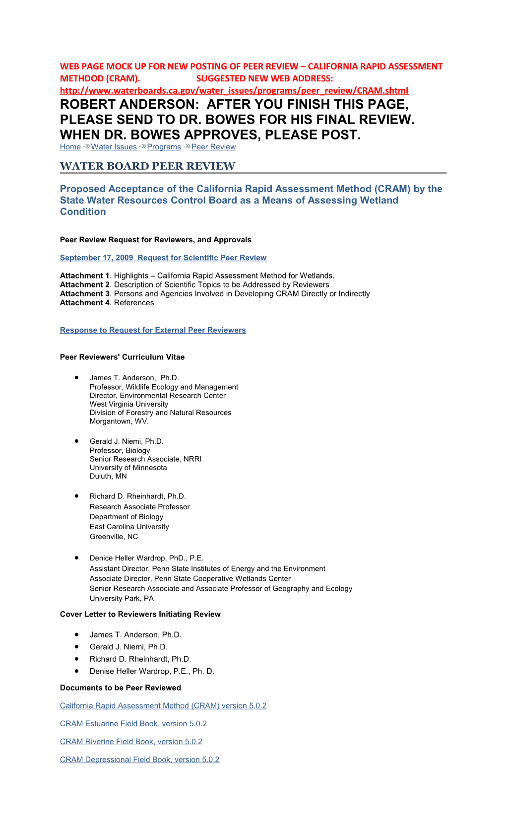 Web Page Mock up for New Posting of Peer Review California Rapid Assessment Methdod (Cram)