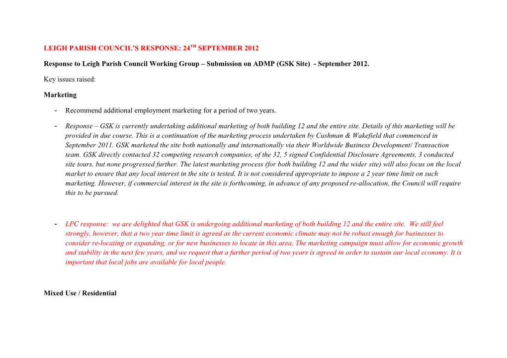 Response to Leigh Parish Council Working Group Submission on ADMP (GSK Site) - September 2012
