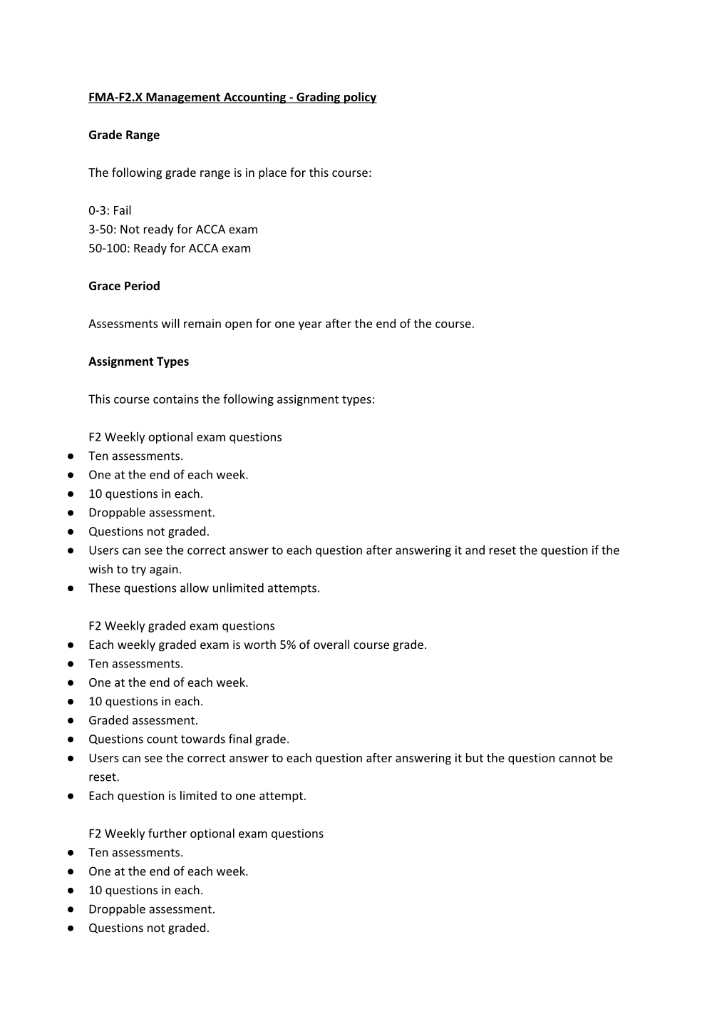 FMA-F2.X Management Accounting - Grading Policy