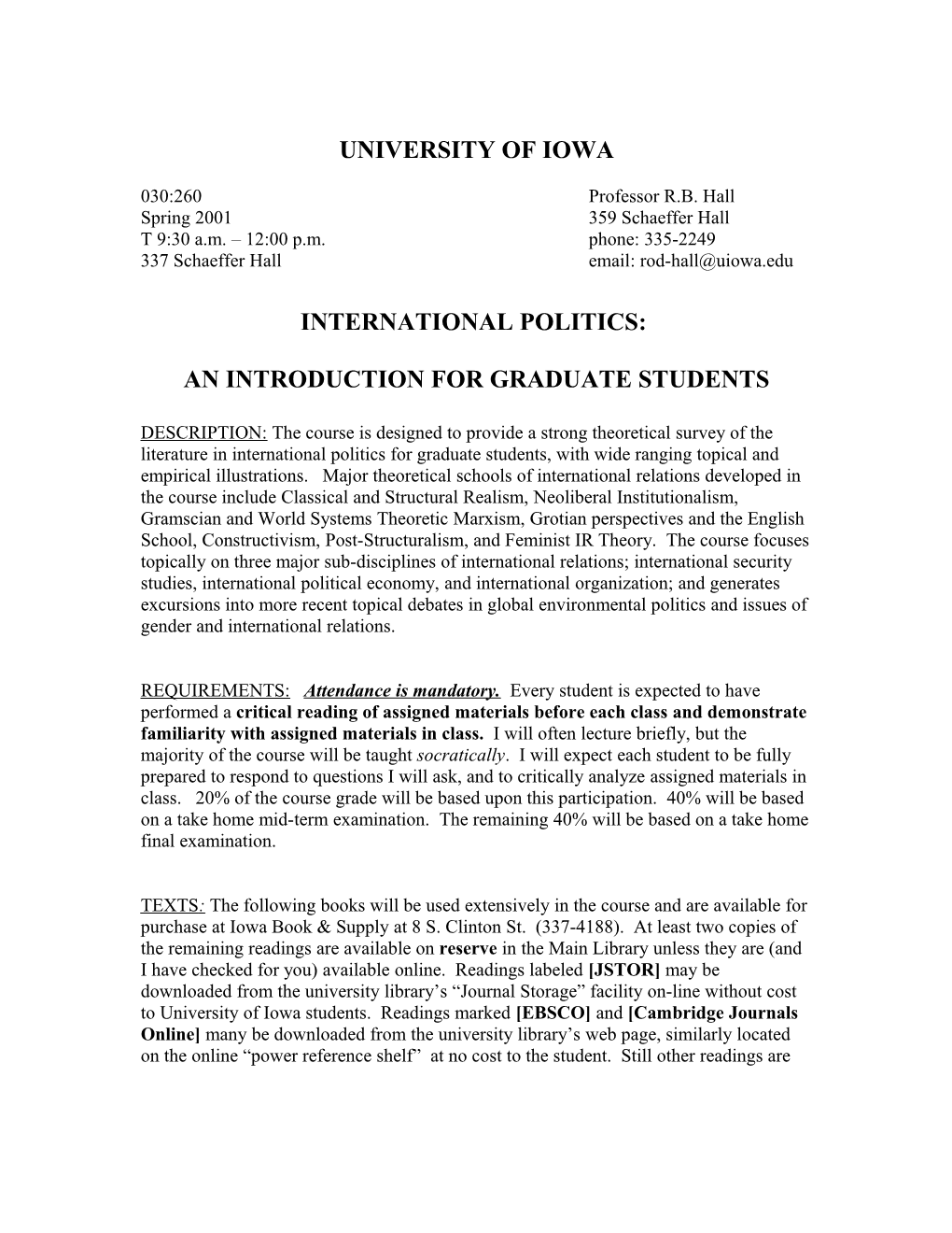 International Politics - 030:260 Spring 2001