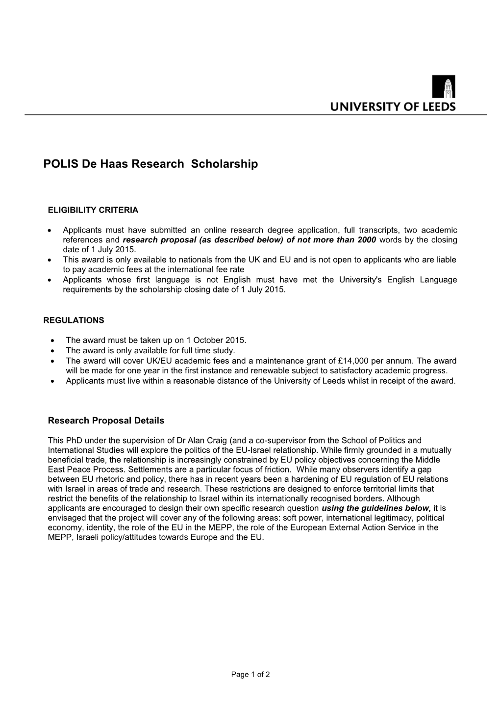 POLIS De Haas Research Scholarship