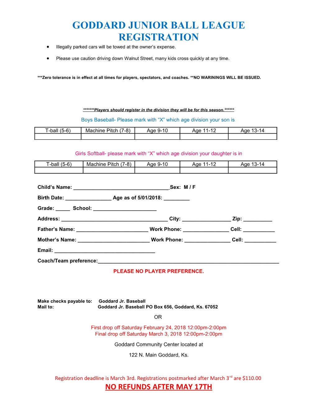 Goddard Junior Ball League Registration