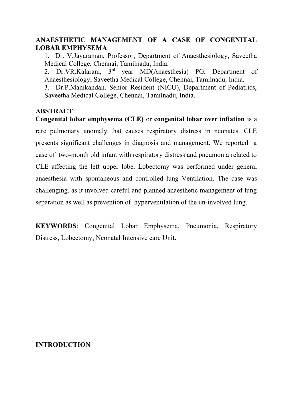 Anaesthetic Management of a Case of Congenital Lobar Emphysema