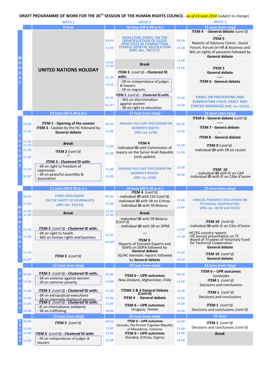 Programme of Work for the 26Th Session of the Human Rights Council in English
